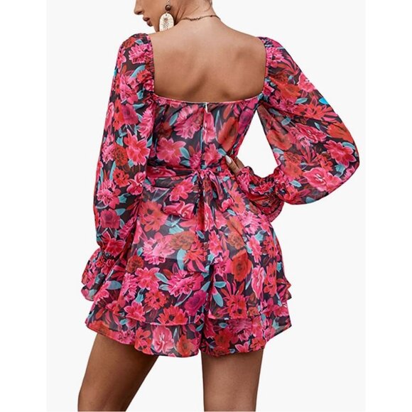 Pink & Blue Floral Rose Printed Chiffon Ruffle Long Sleeve Romper Short Playsuit - Picture 4 of 6